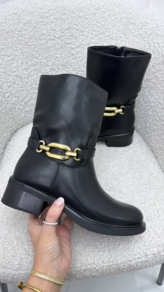 MIRI black ankle boots with gold buckle detail