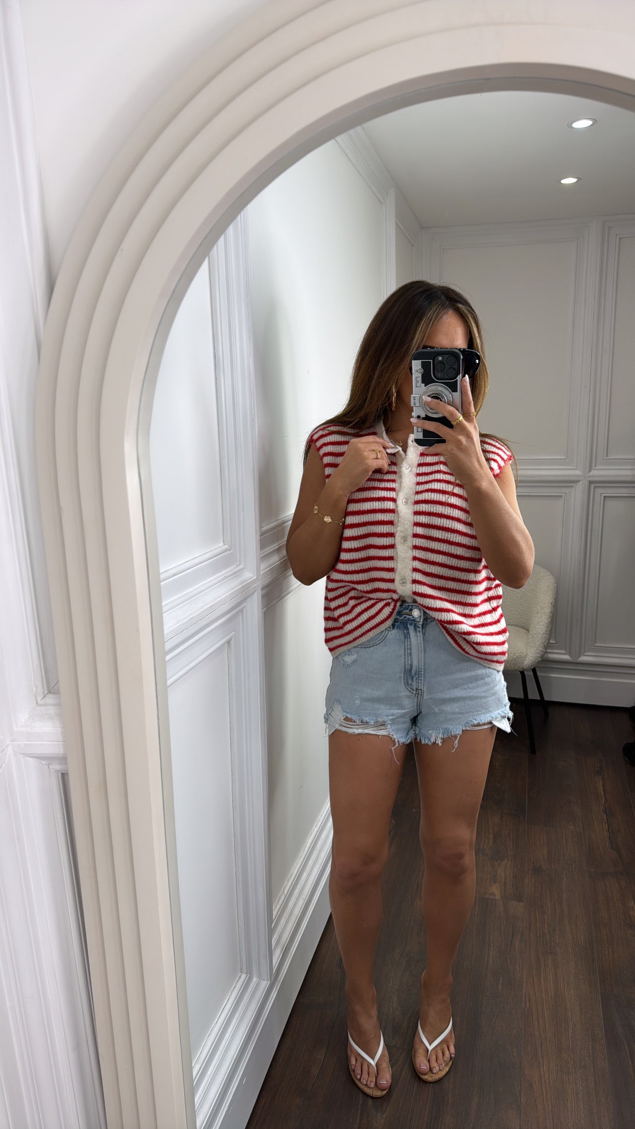 AINSLEY red and cream stripe soft knit waist jacket top