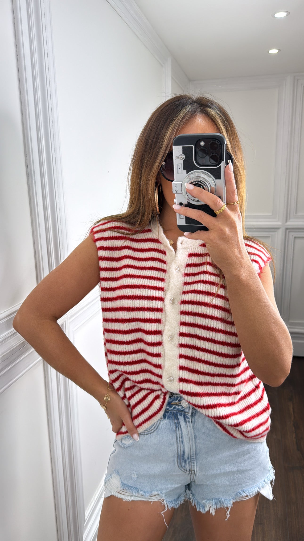 AINSLEY red and cream stripe soft knit waist jacket top