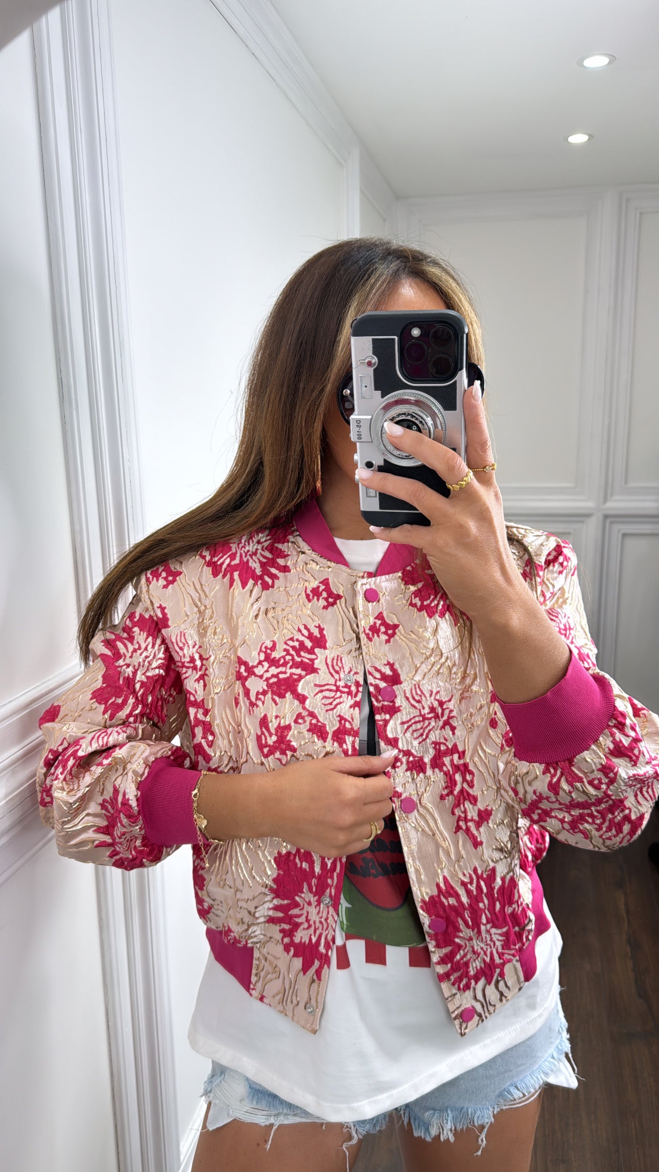 VADA fuchsia pink floral jacquard bomber jacket