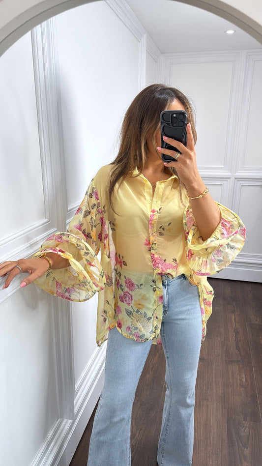 JOANNA yellow floral ruffle arm blouse