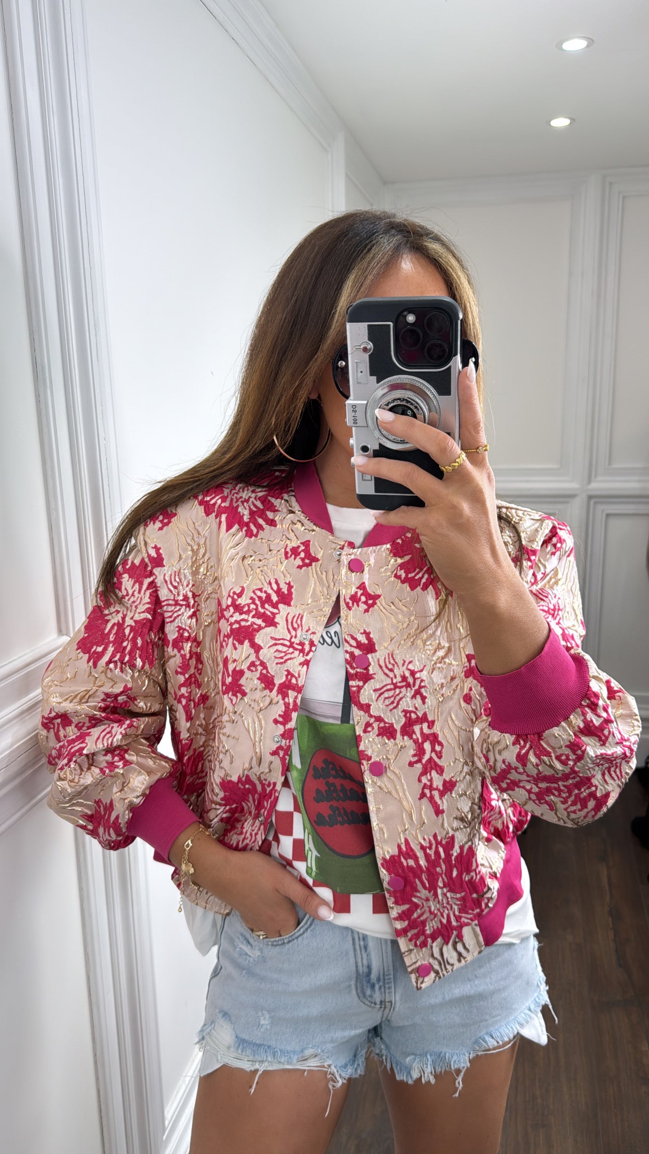 VADA fuchsia pink floral jacquard bomber jacket