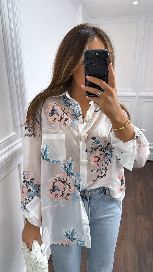 KALI white floral shirt with jewel floral buttons