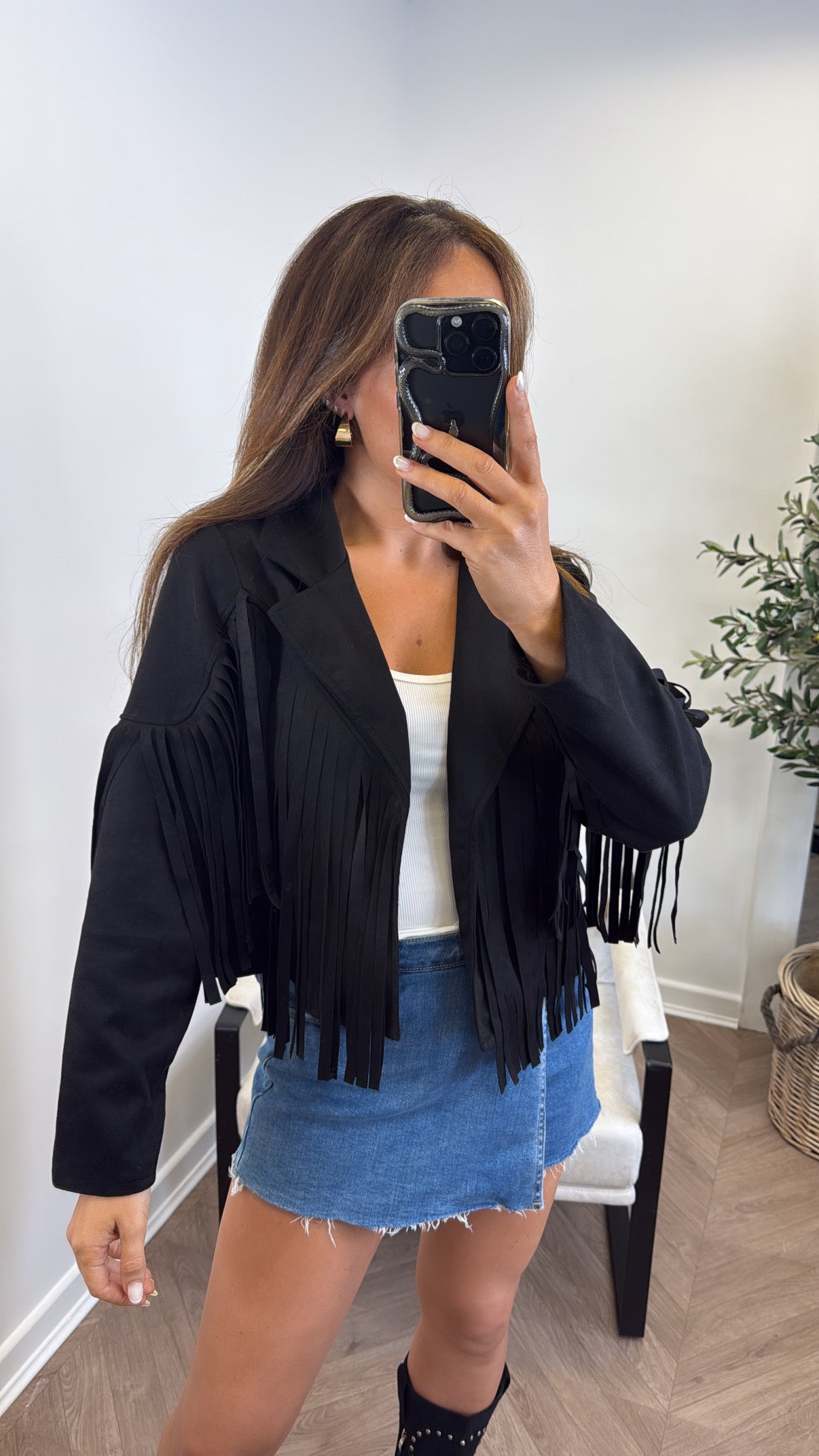 MARLA black faux suede tassel jacket