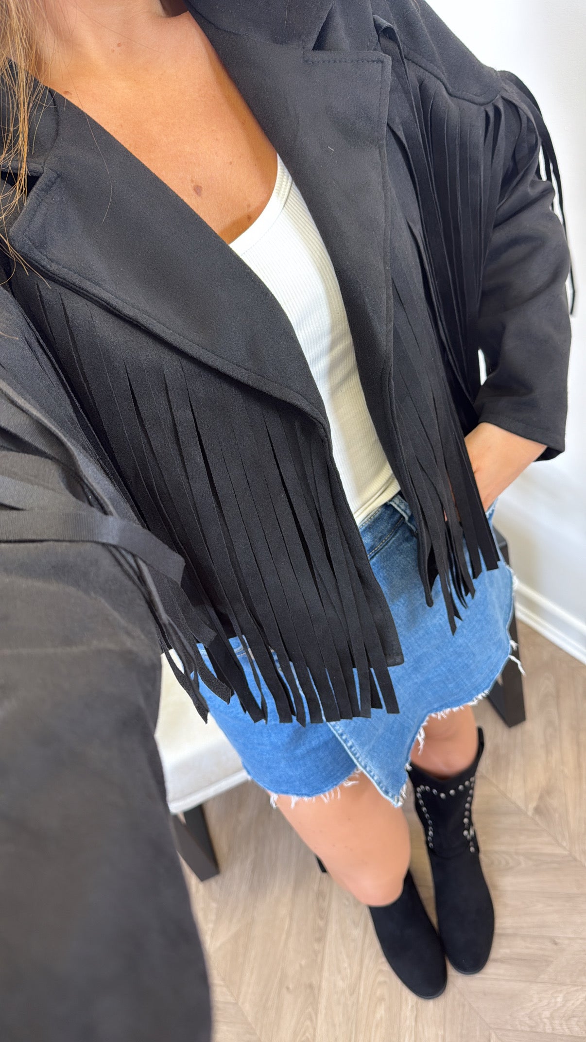 MARLA black faux suede tassel jacket