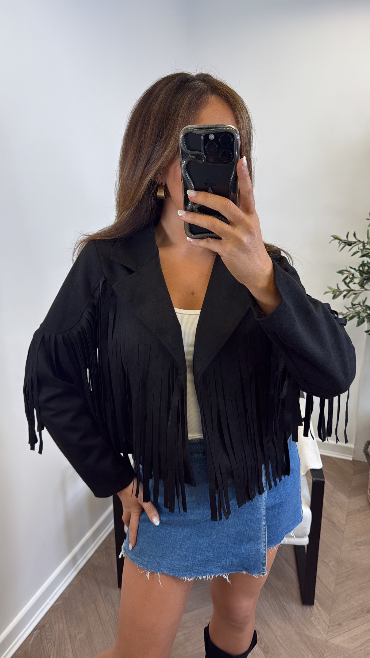 MARLA black faux suede tassel jacket