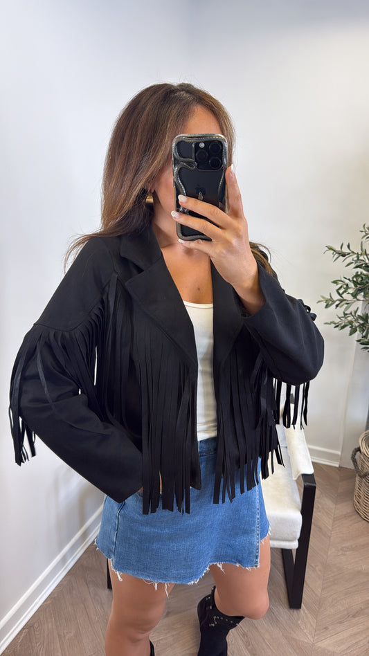 MARLA black faux suede tassel jacket