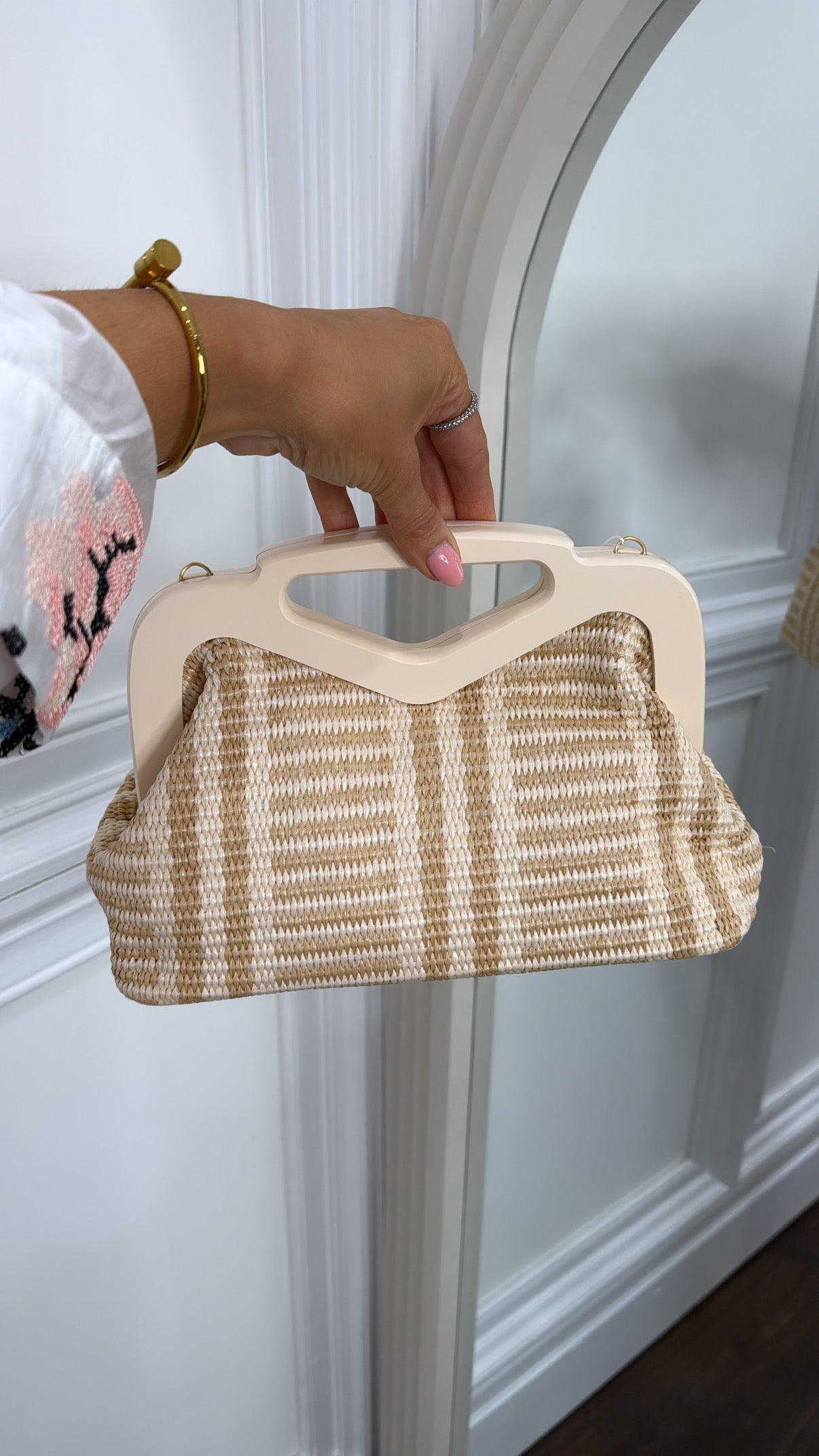 TULISA nude  and beige and white woven clutch bag