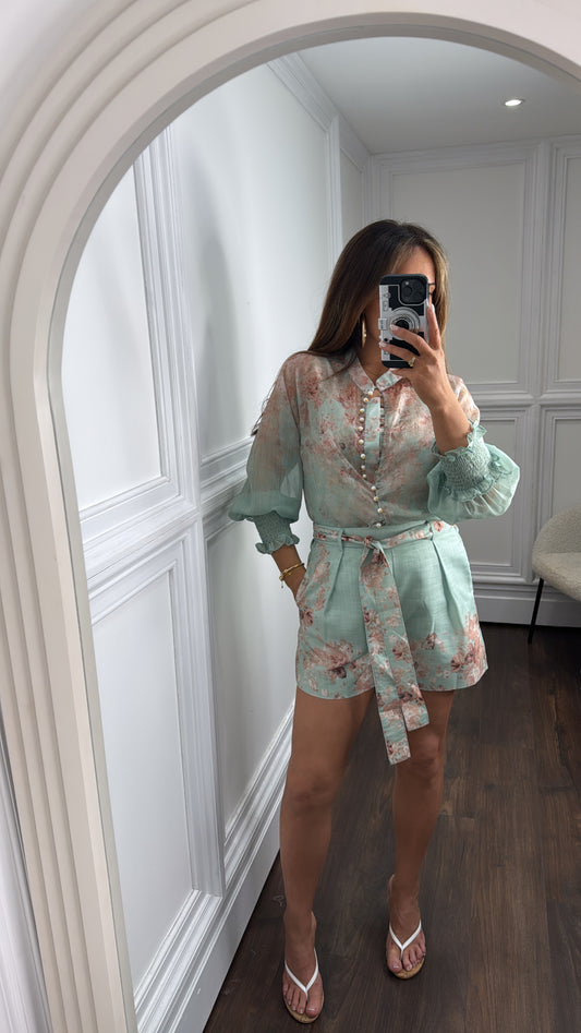 ROXANNE mint green floral blouse and shorts co-ord
