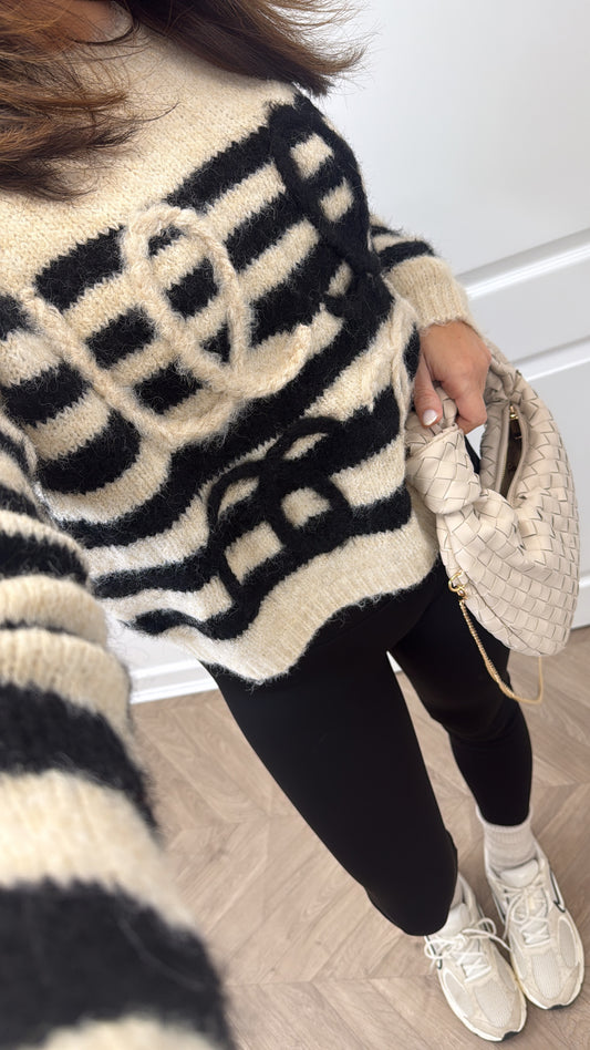 MOLLIE black and cream fluffy stripe jumper