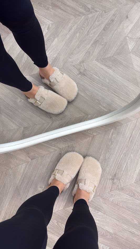 ASPEN beige faux fur mules with buckle detail