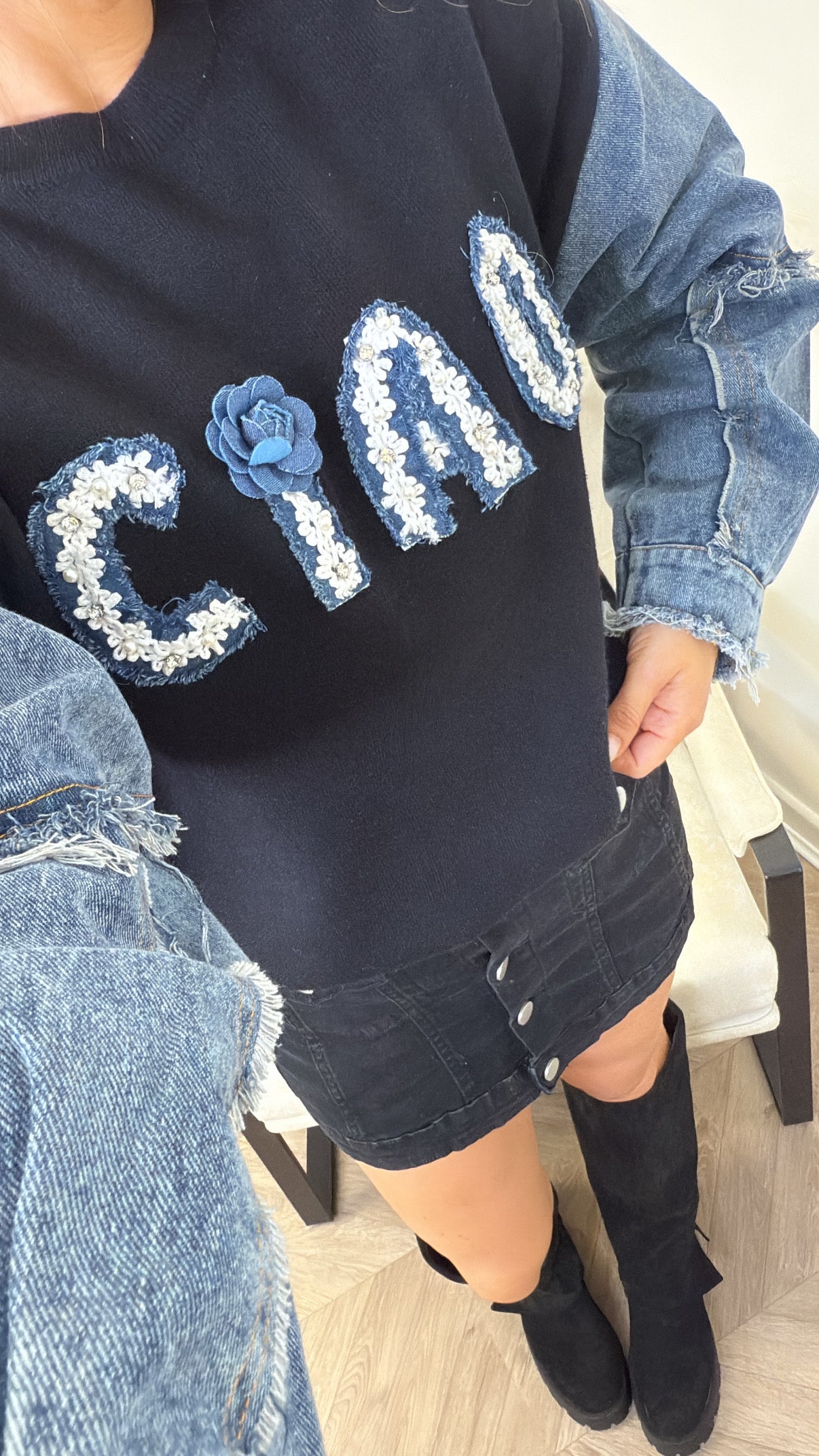 CIAO black denim contrast logo jumper