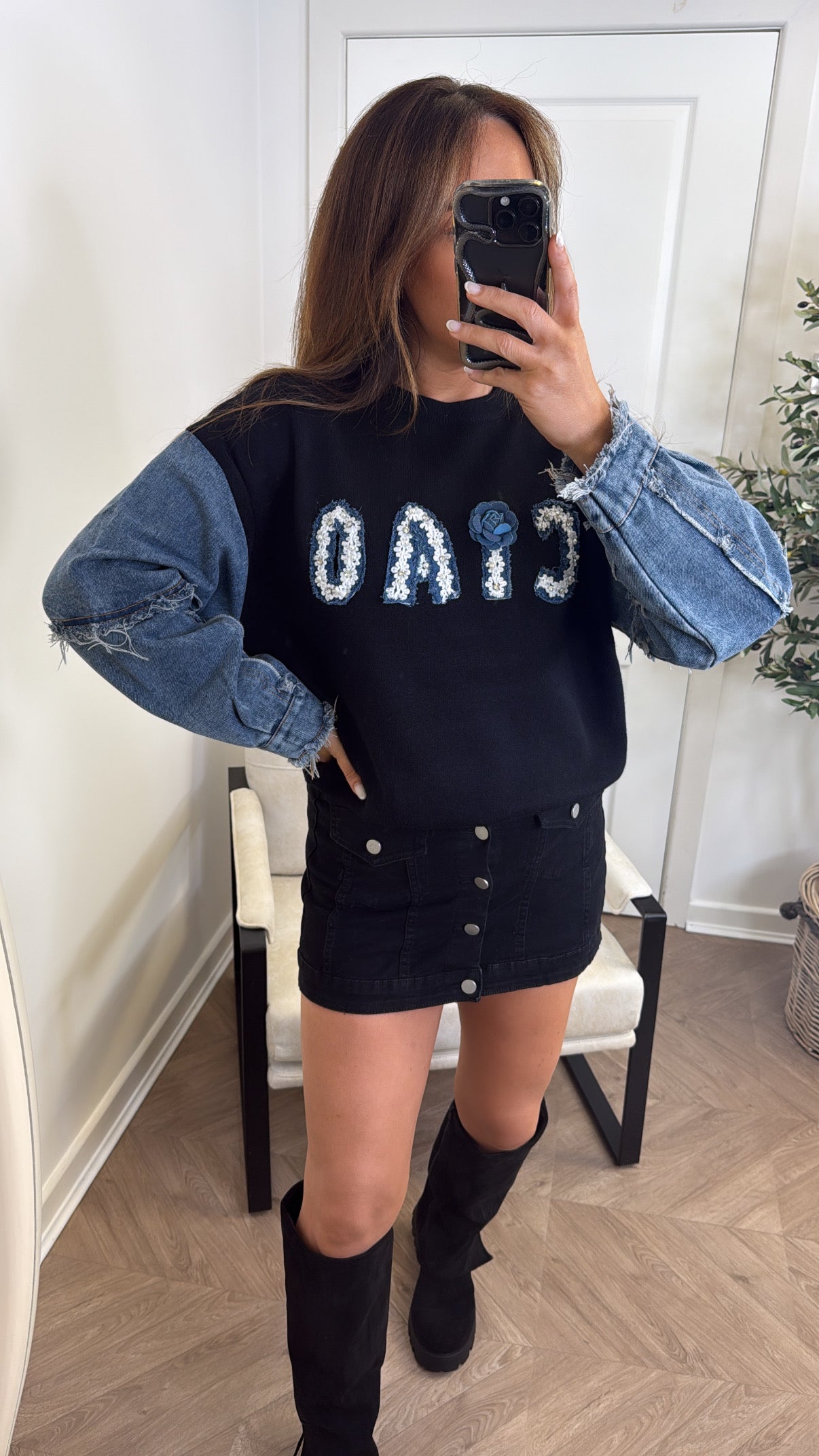CIAO black denim contrast logo jumper