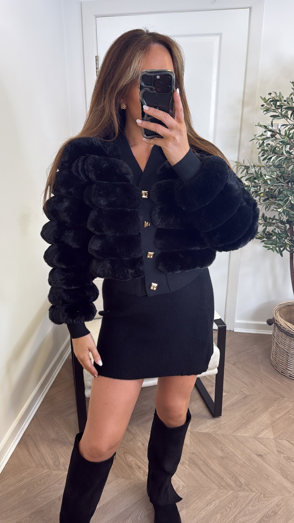 LYDIA black faux fur cardigan