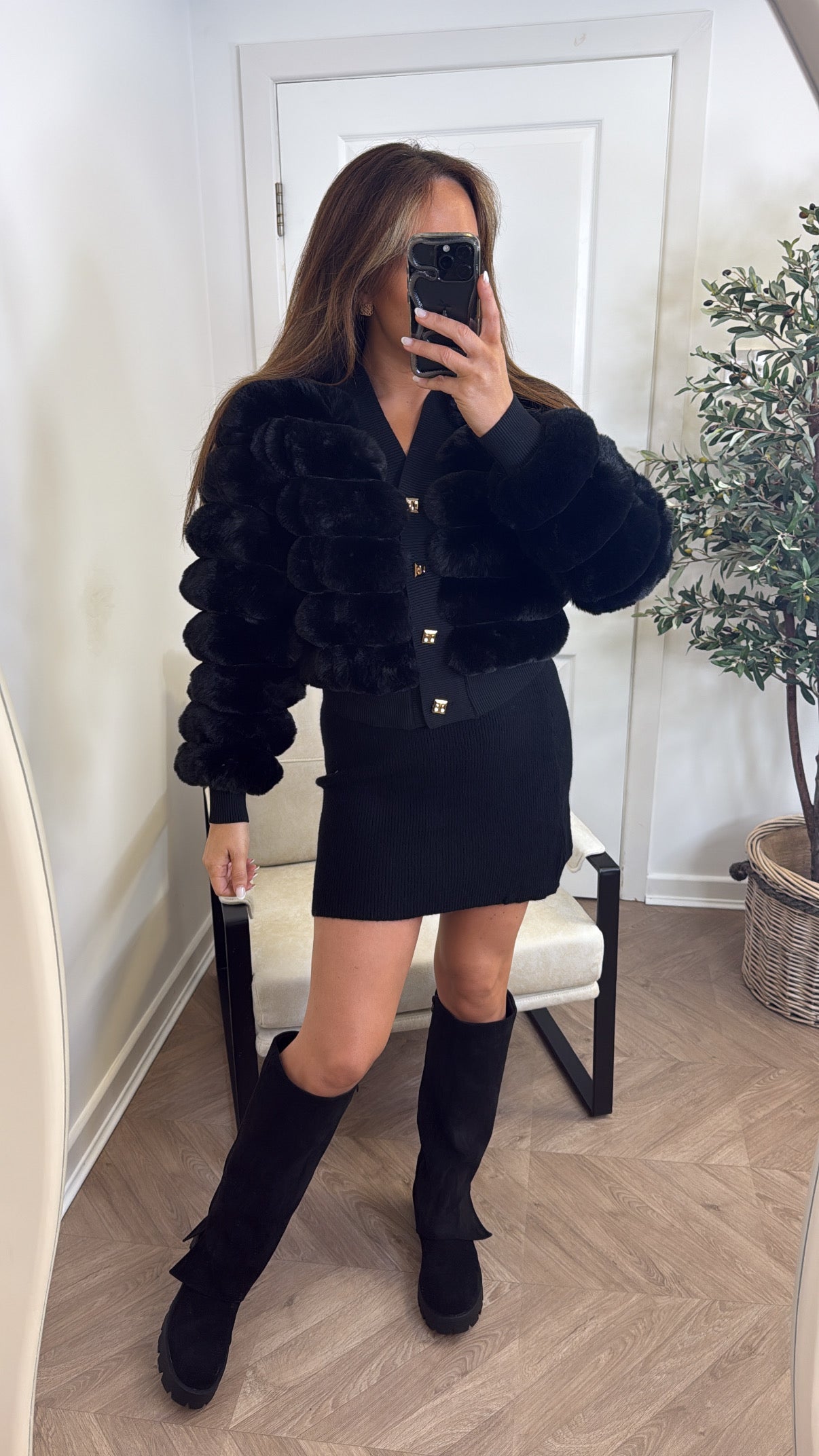 LYDIA black faux fur cardigan