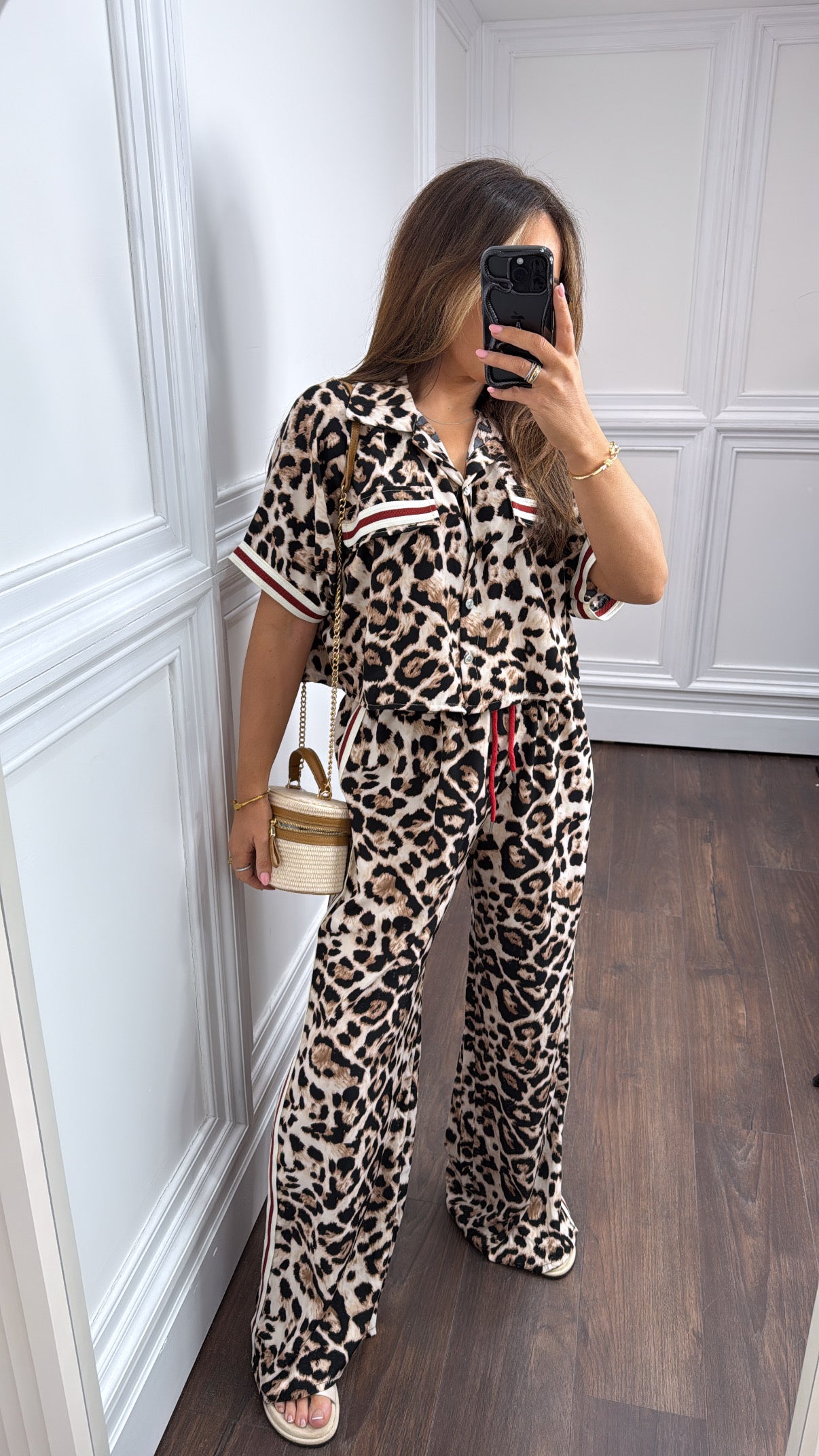 BIANCA leopard cropped shirt co-ord with red contrast stripe
