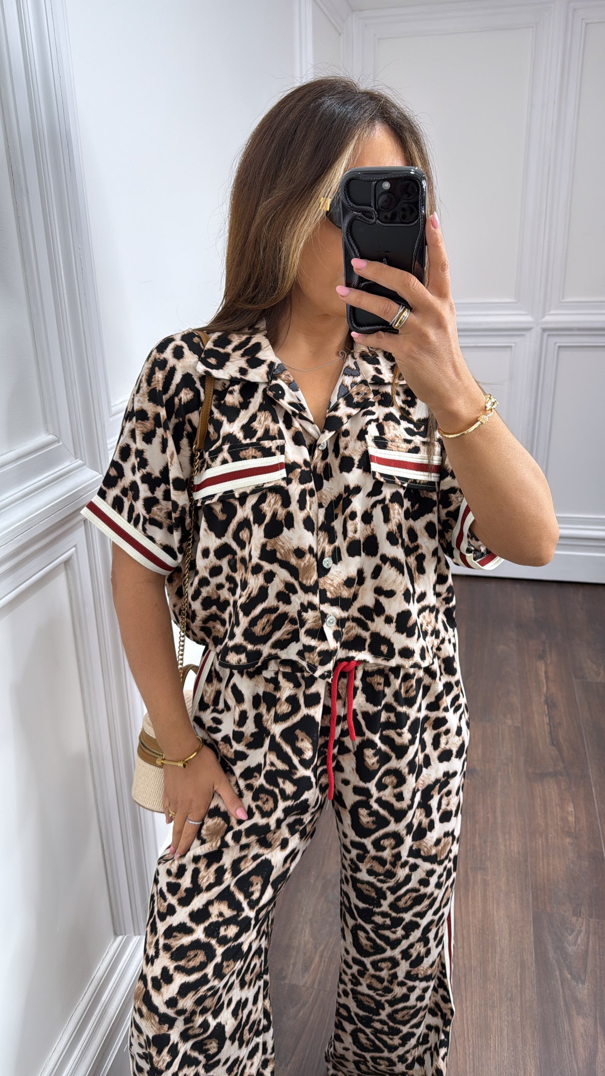 BIANCA leopard cropped shirt co-ord with red contrast stripe