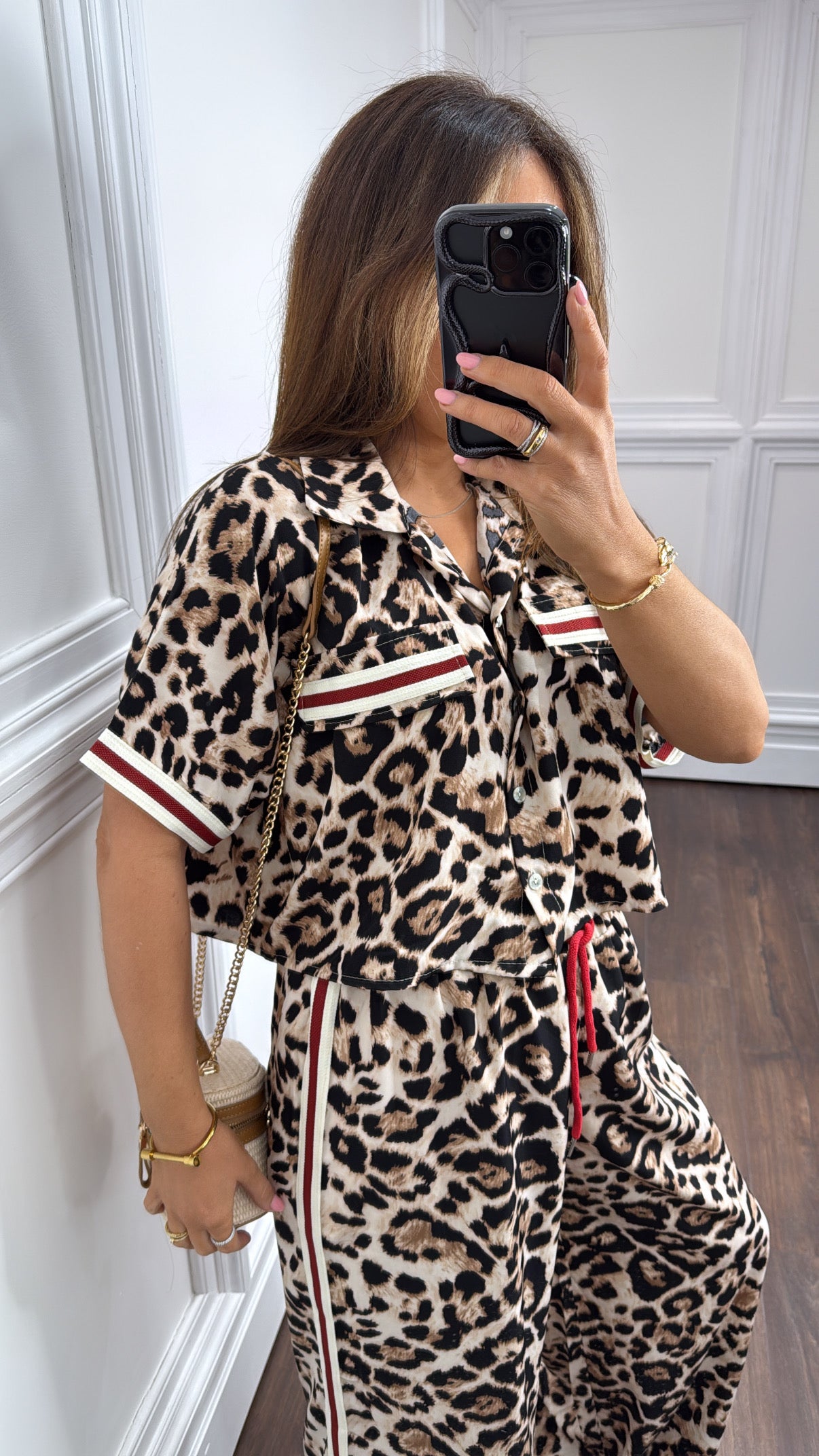 BIANCA leopard cropped shirt co-ord with red contrast stripe