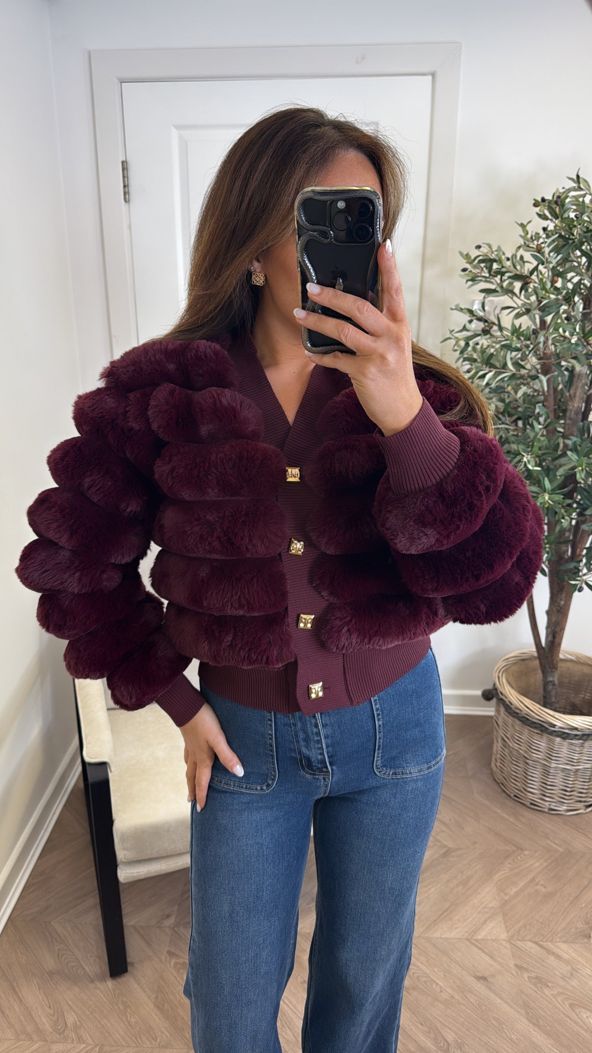 LYDIA burgundy faux fur cardigan