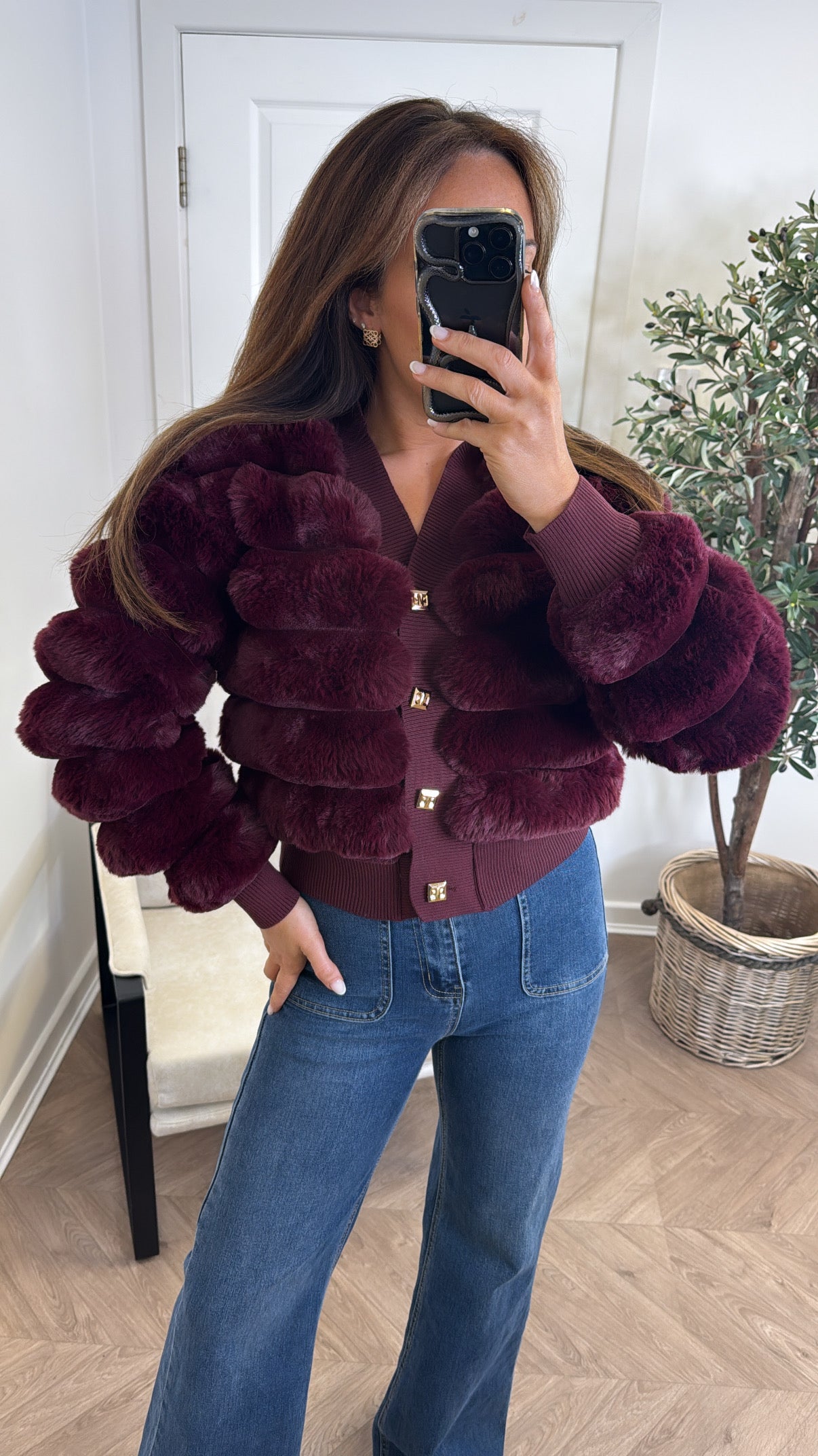 LYDIA burgundy faux fur cardigan