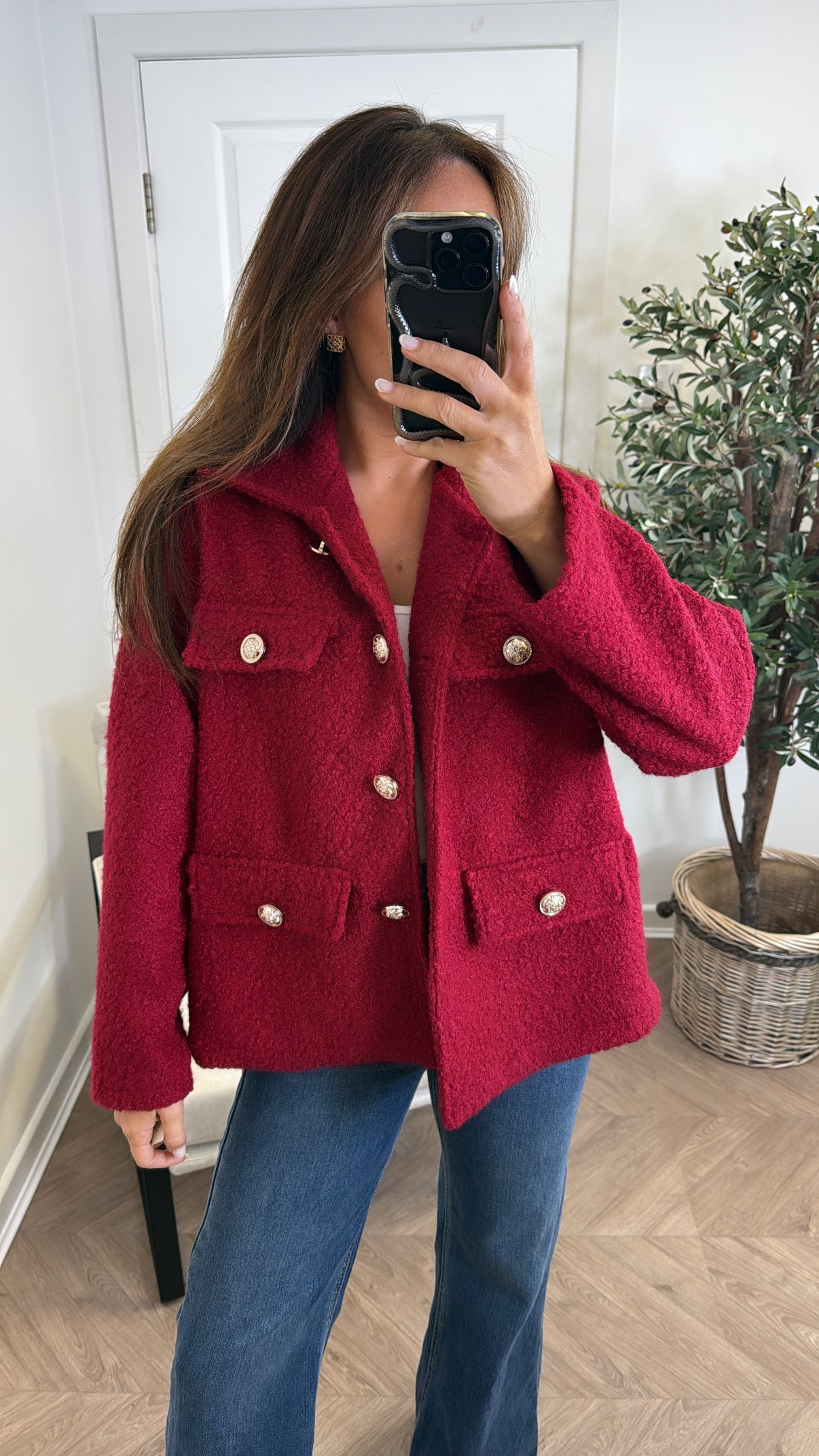LYRA burgundy boucle button detail jacket