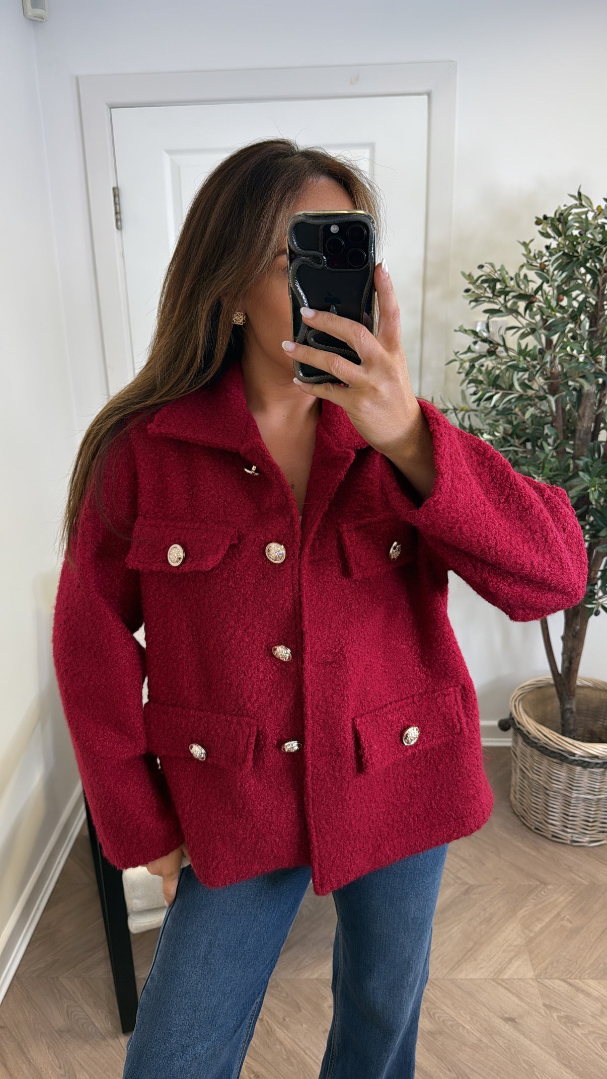 LYRA burgundy boucle button detail jacket