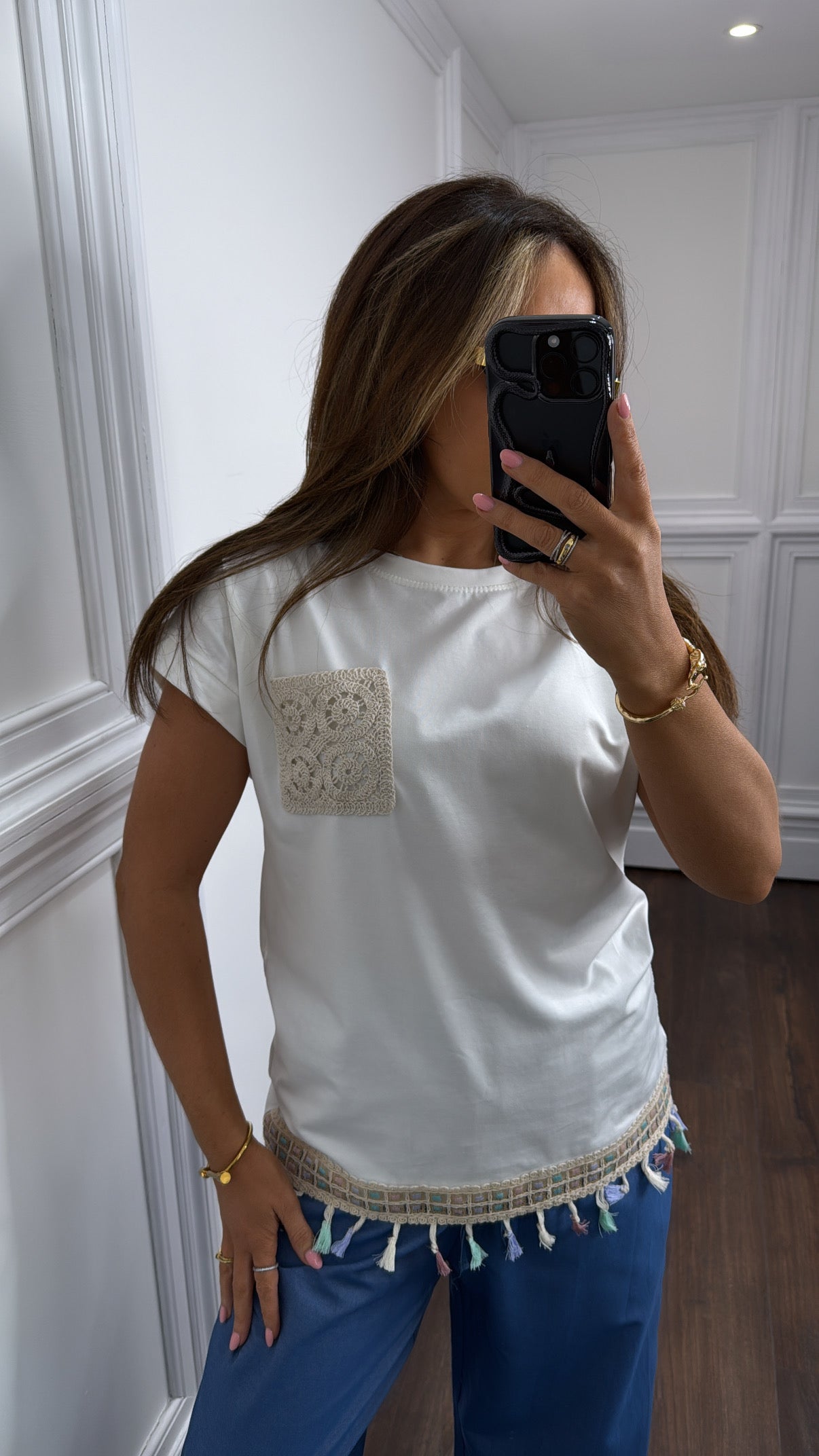 LARA white crochet pocket tassel tshirt