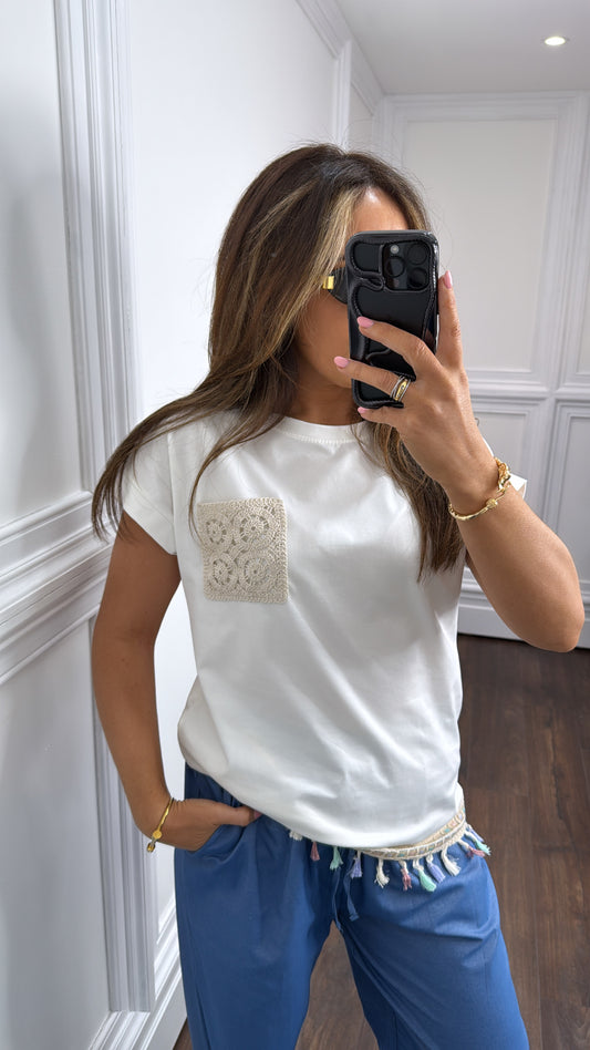 LARA white crochet pocket tassel tshirt