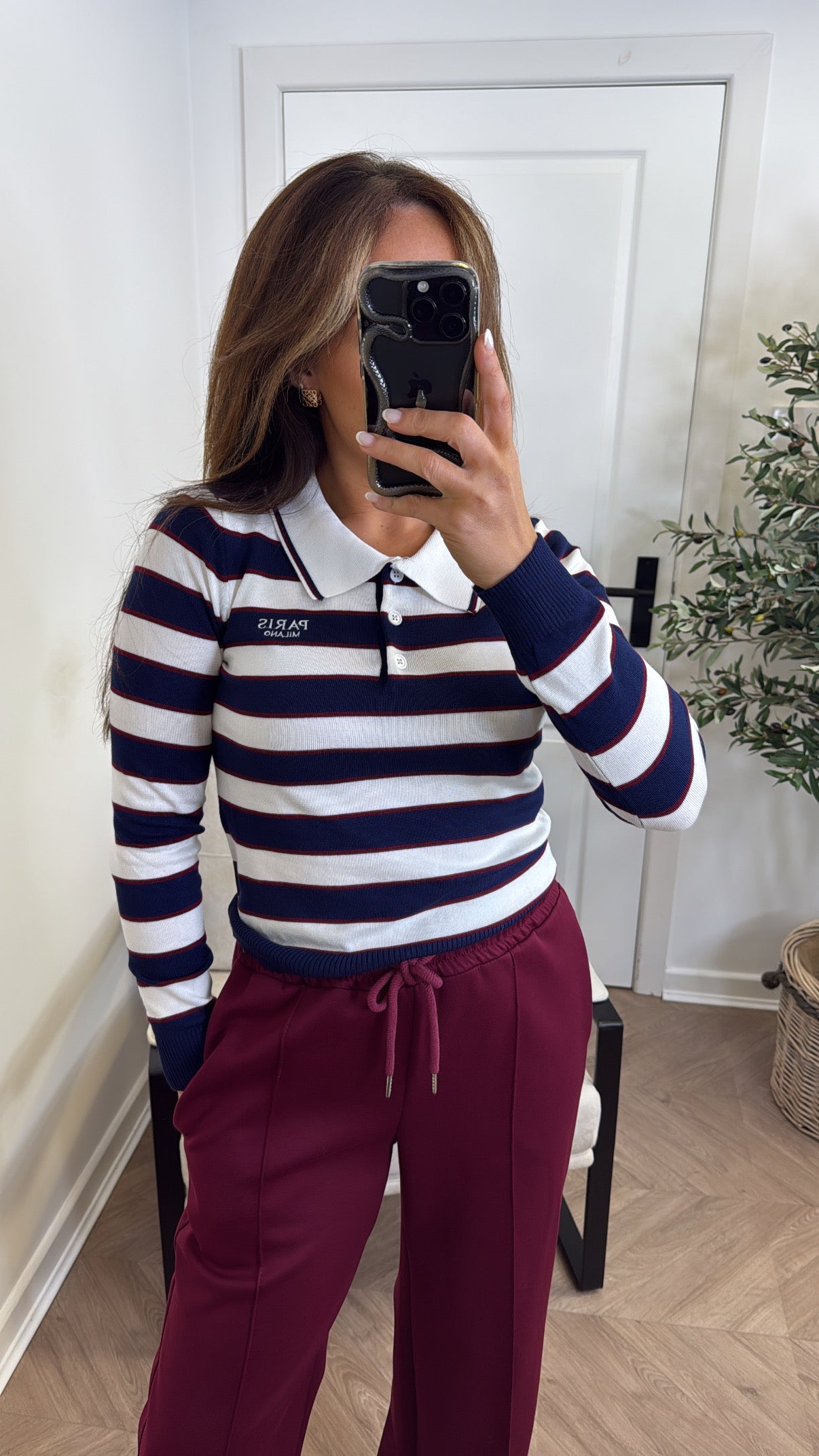 PARIS MILANO navy and burgundy collared rugby style top
