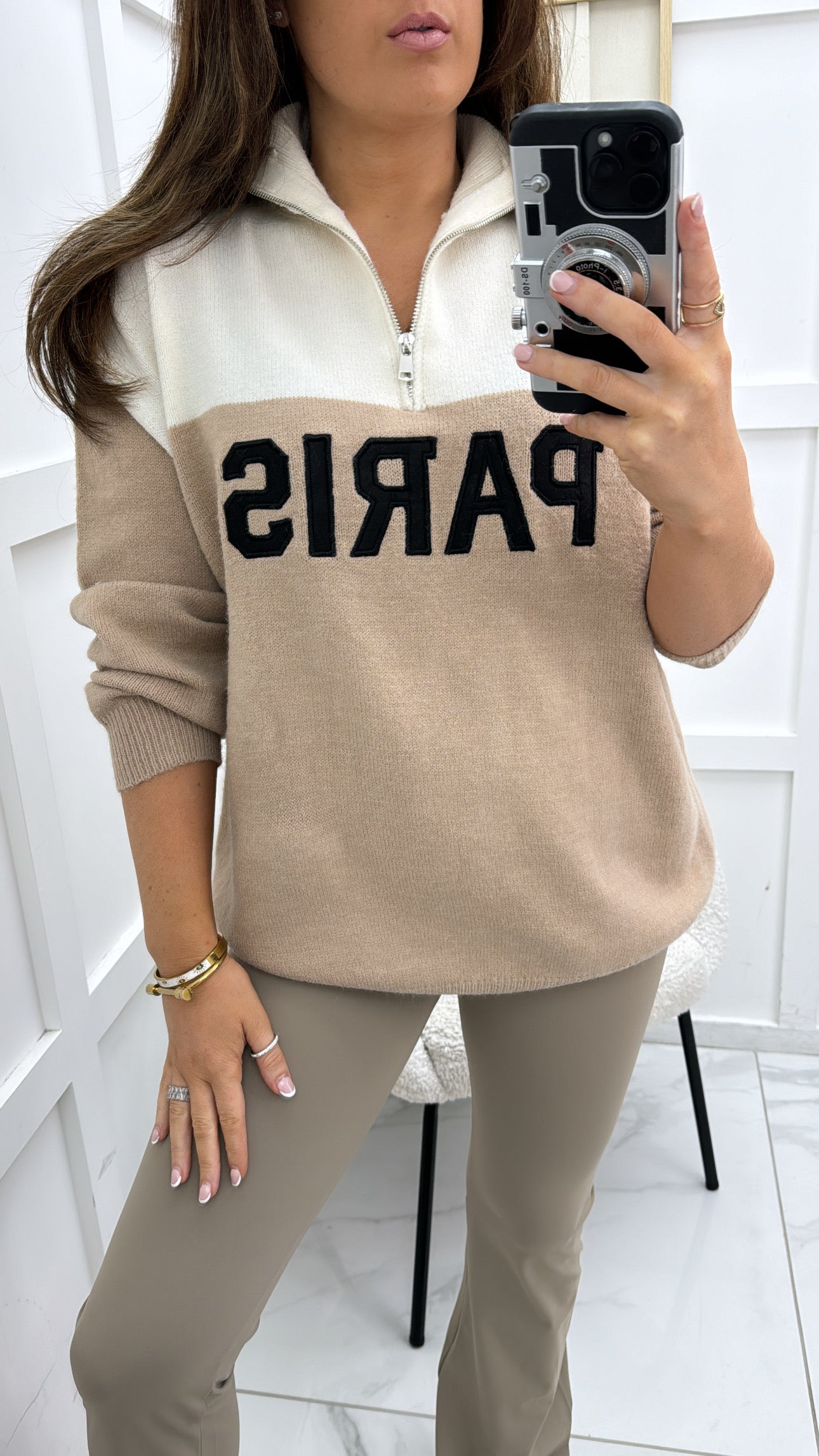 PARIS cream and beige half zip sweater