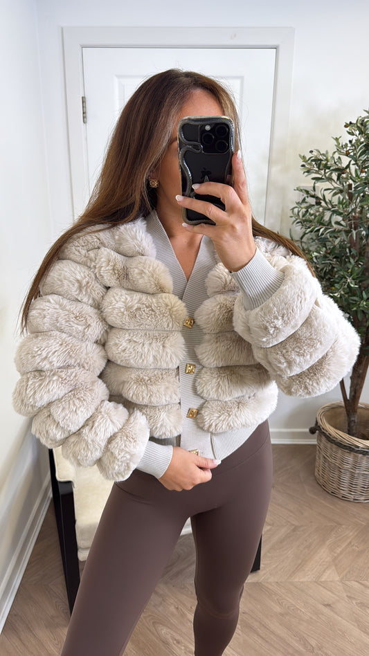 LYDIA beige faux fur cardigan