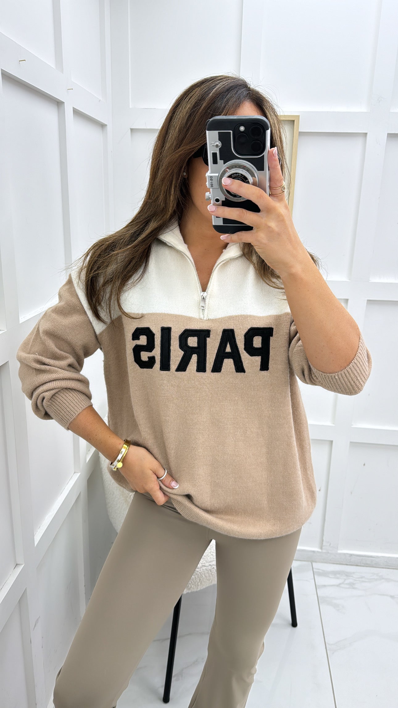 PARIS cream and beige half zip sweater