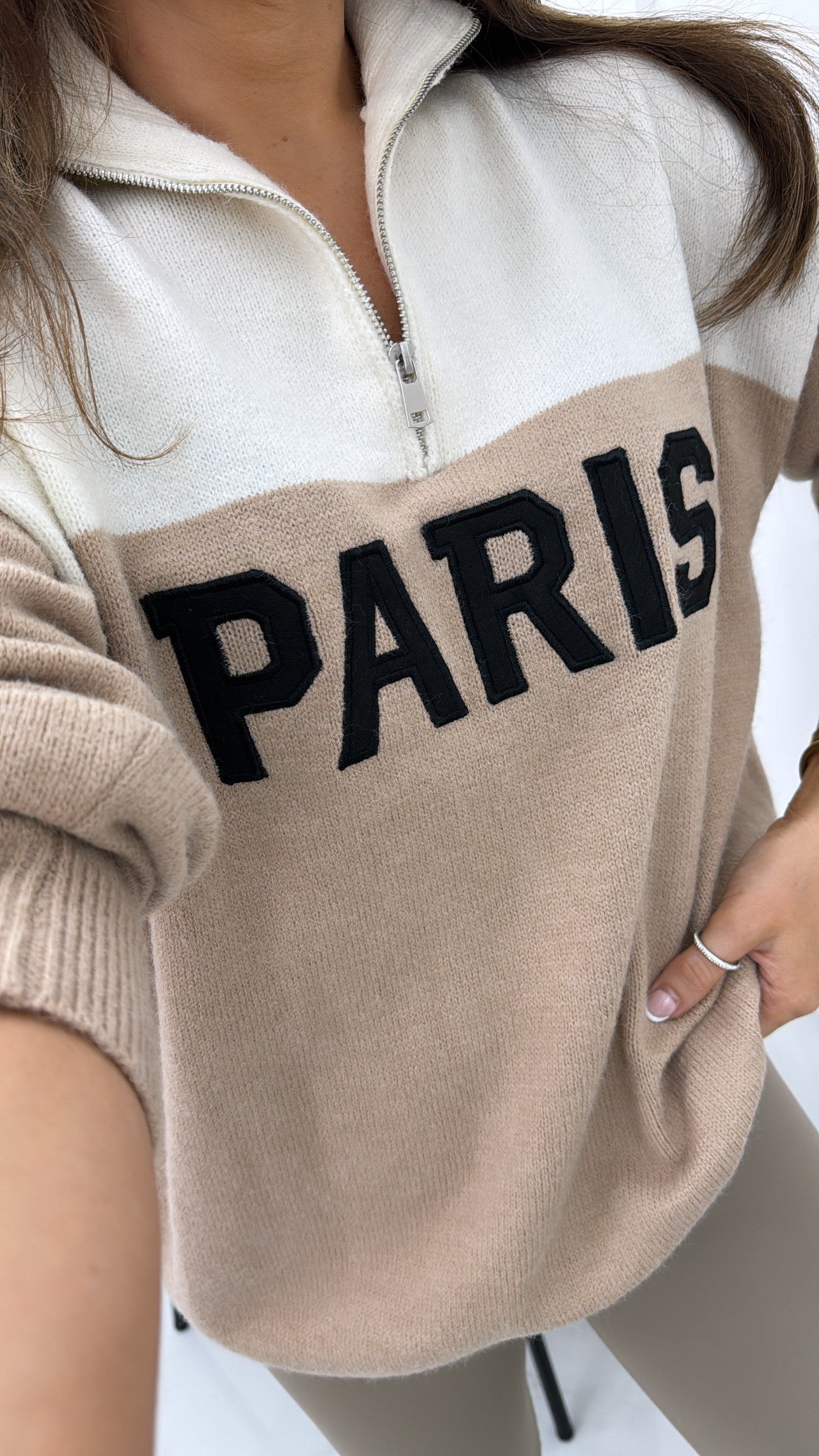 PARIS cream and beige half zip sweater