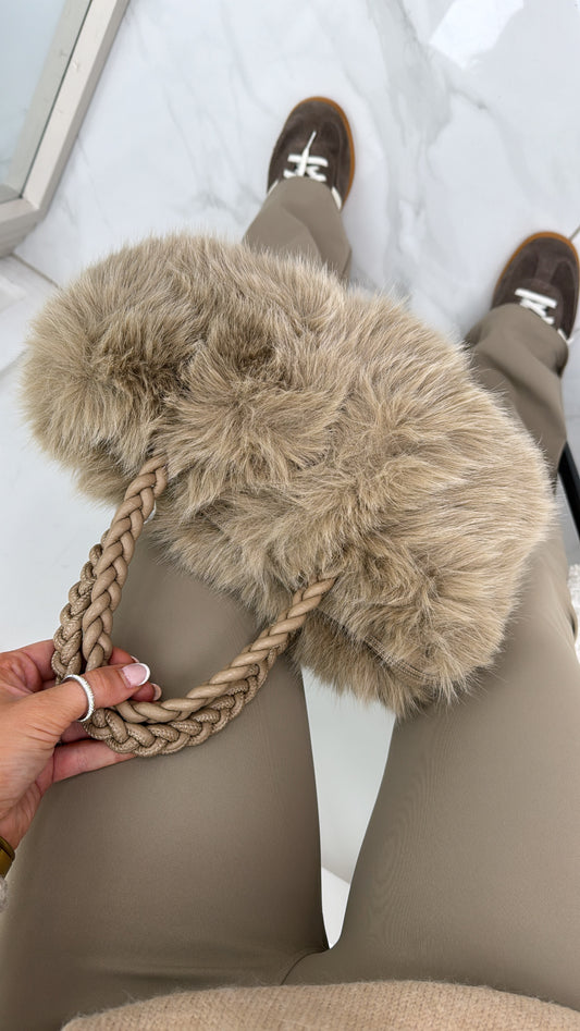 STELLA beige faux fur grab bag with plait handles