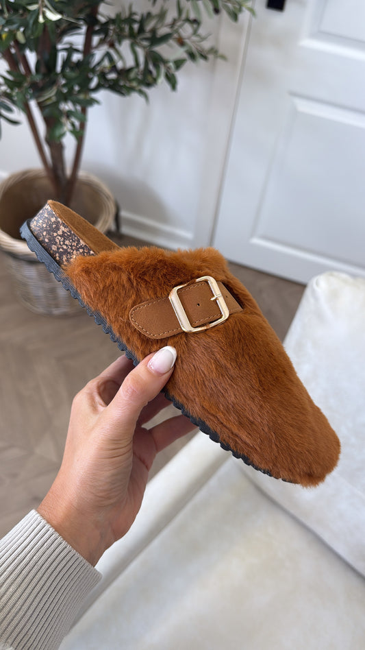 ASPEN camel faux fur mules with buckle detail