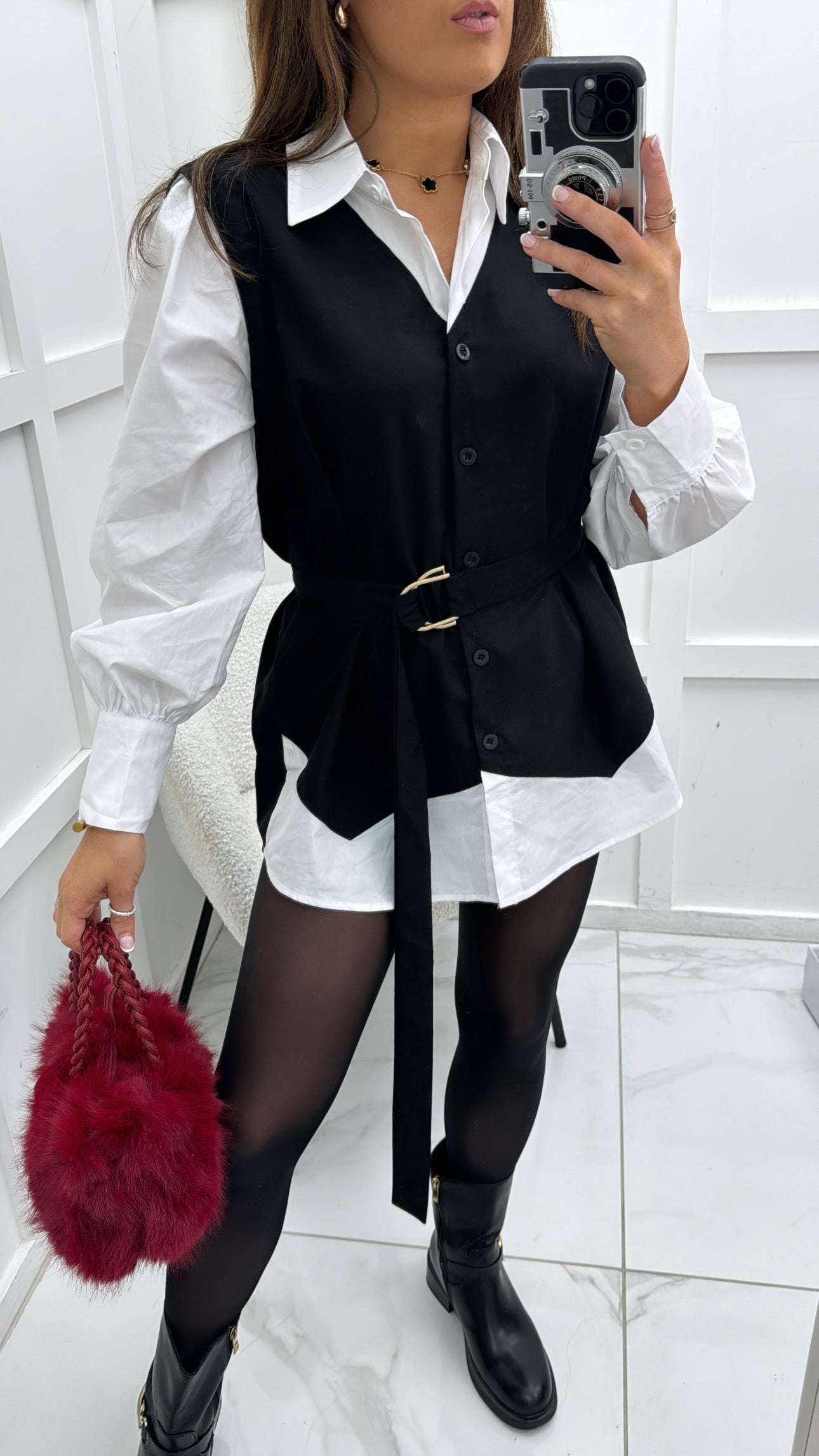 LEXI white shirt dress with black waistcoat overlay