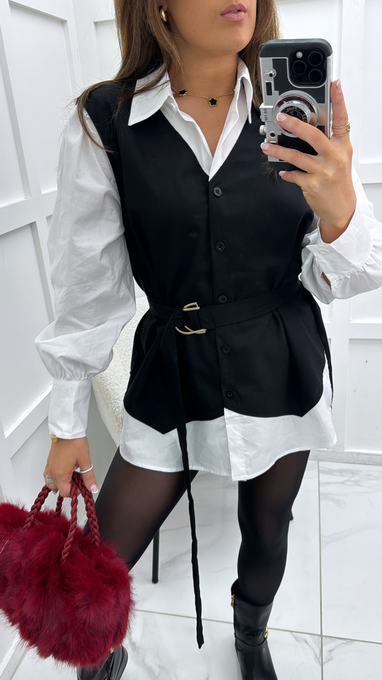 LEXI white shirt dress with black waistcoat overlay