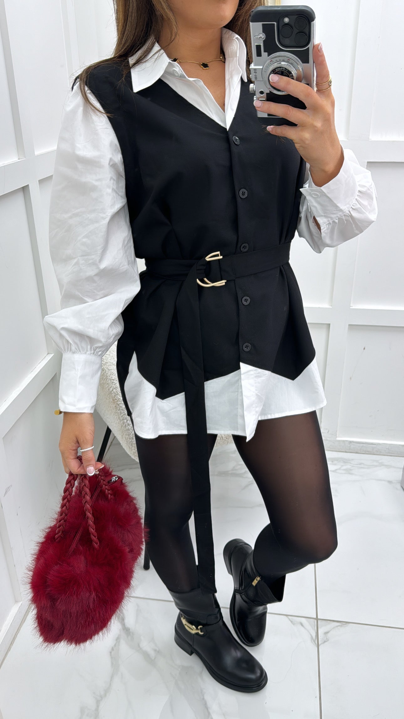 LEXI white shirt dress with black waistcoat overlay