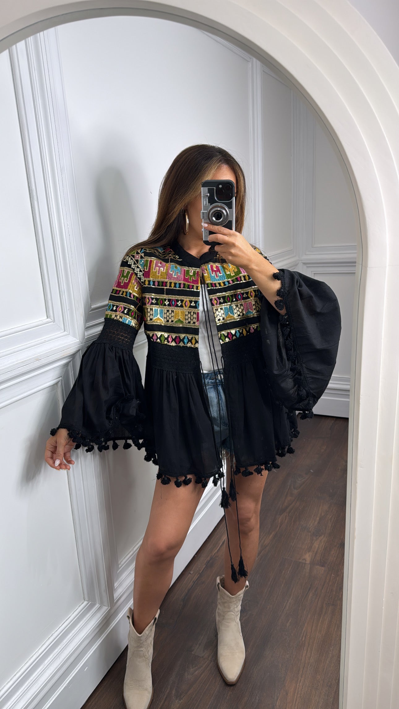 MEGAN black embroidered detail boho tie top