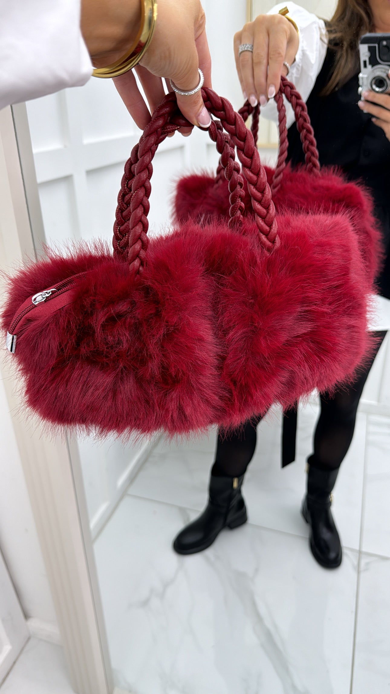 STELLA red faux fur grab bag with plait handles