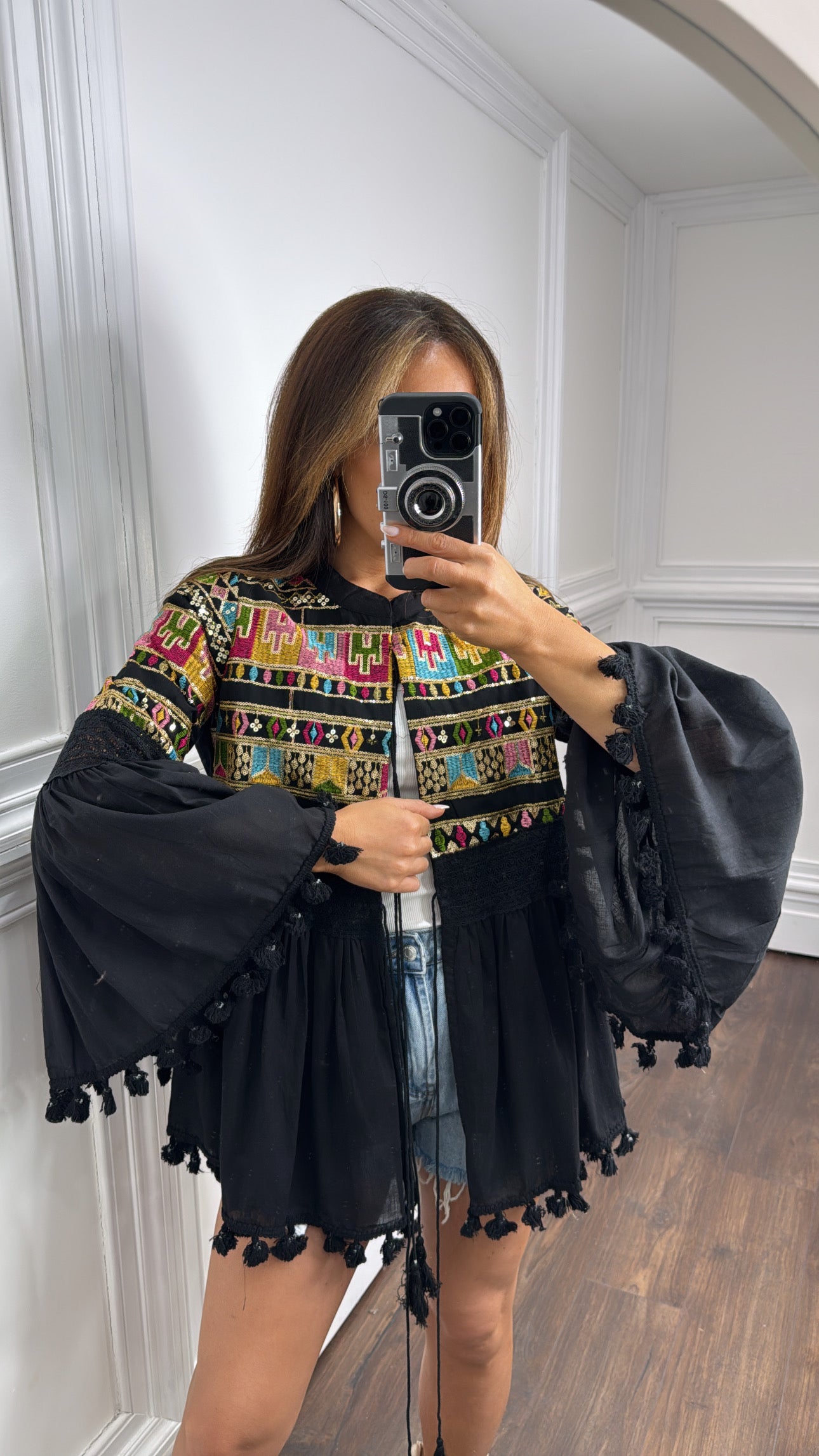 MEGAN black embroidered detail boho tie top
