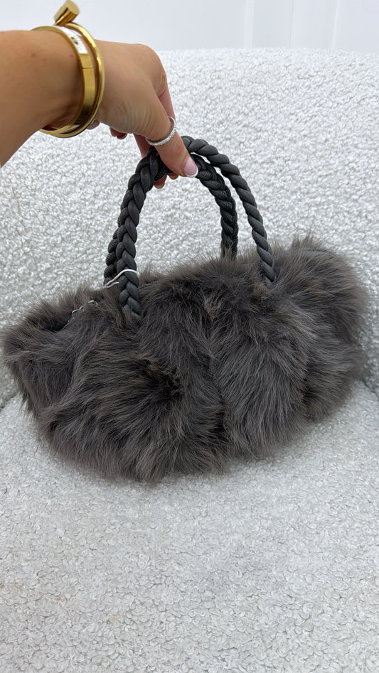 STELLA grey faux fur grab bag with plait handles