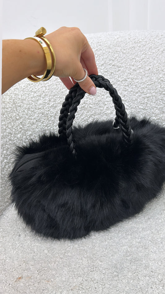 STELLA black faux fur grab bag with plait handles