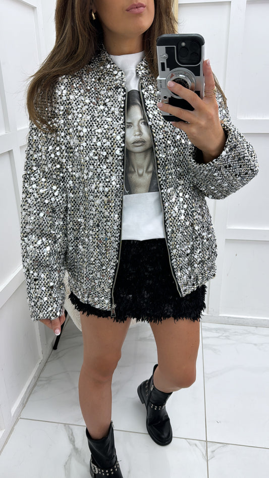 RHIANNA silver sequin wool bomber jacket