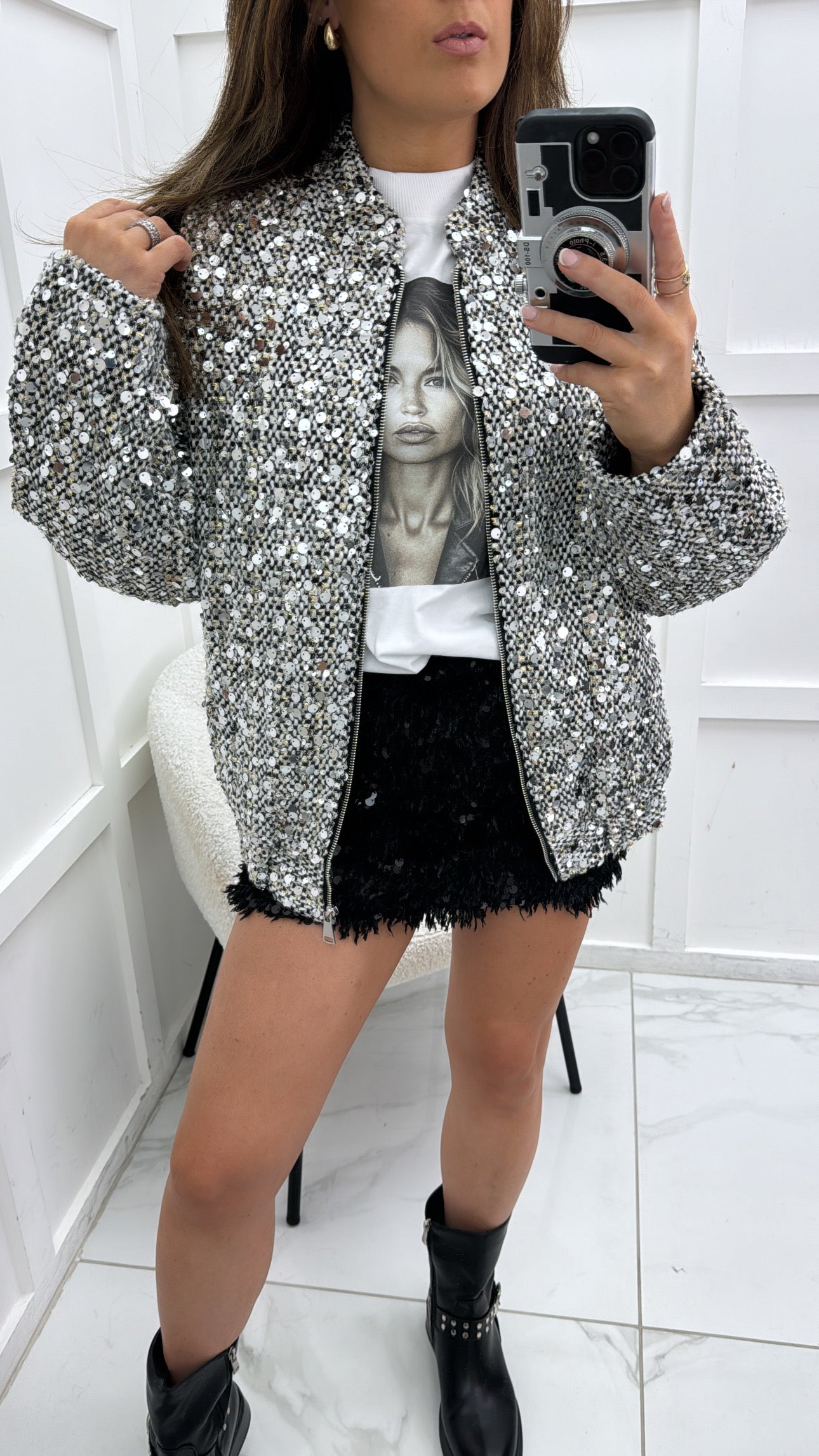 RHIANNA silver sequin wool bomber jacket