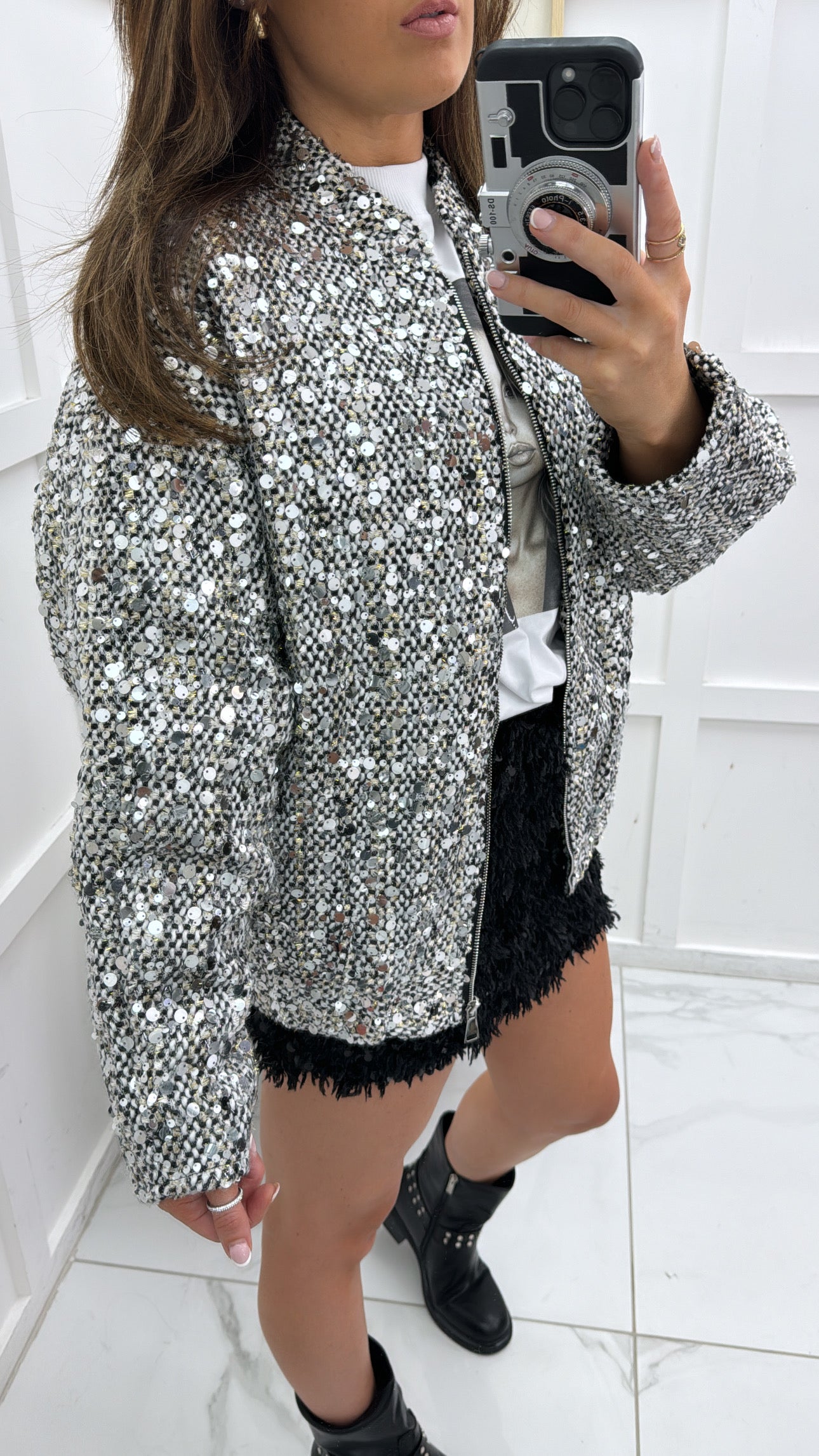 RHIANNA silver sequin wool bomber jacket