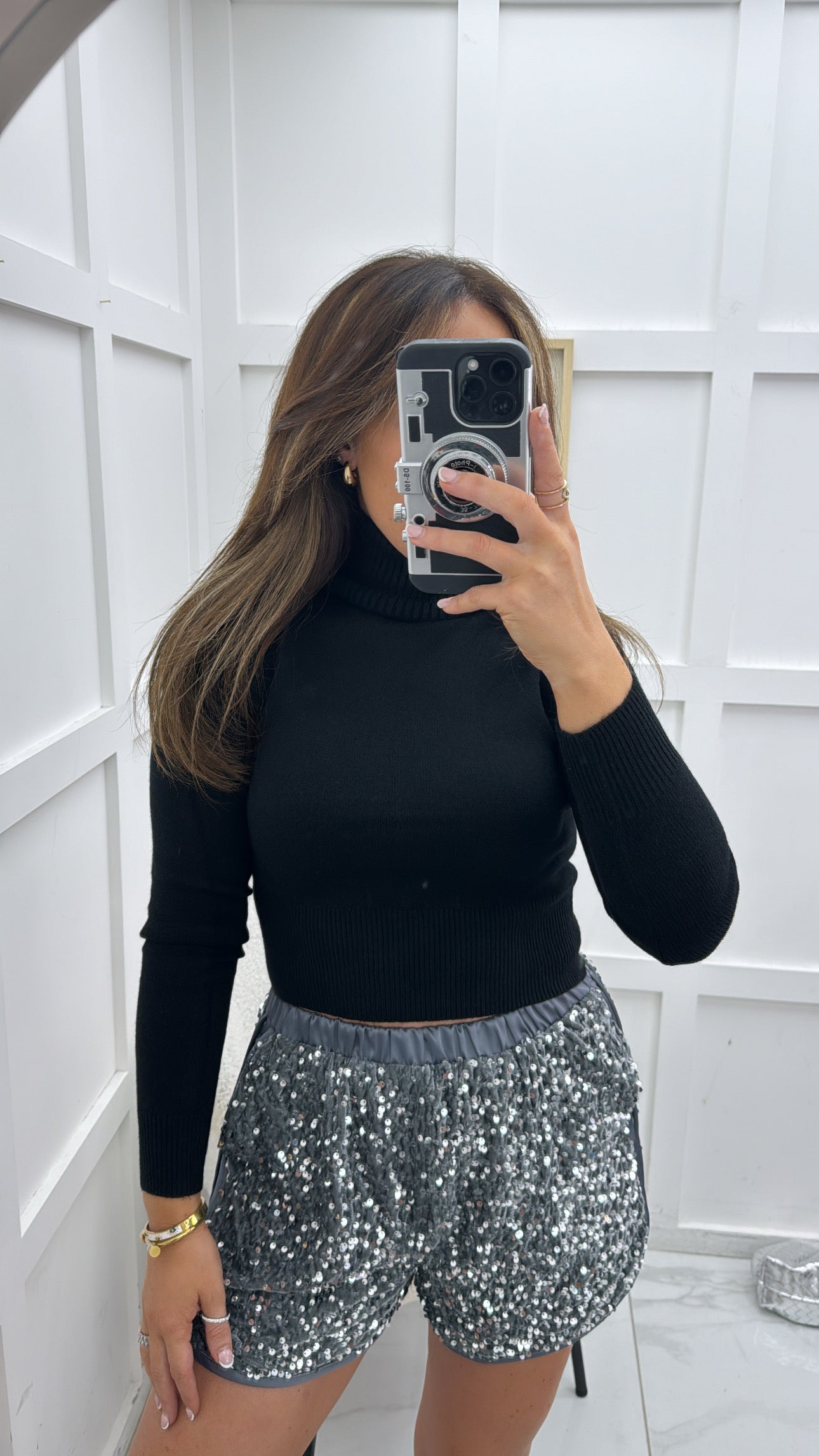 GINA black knit polo neck cropped jumper