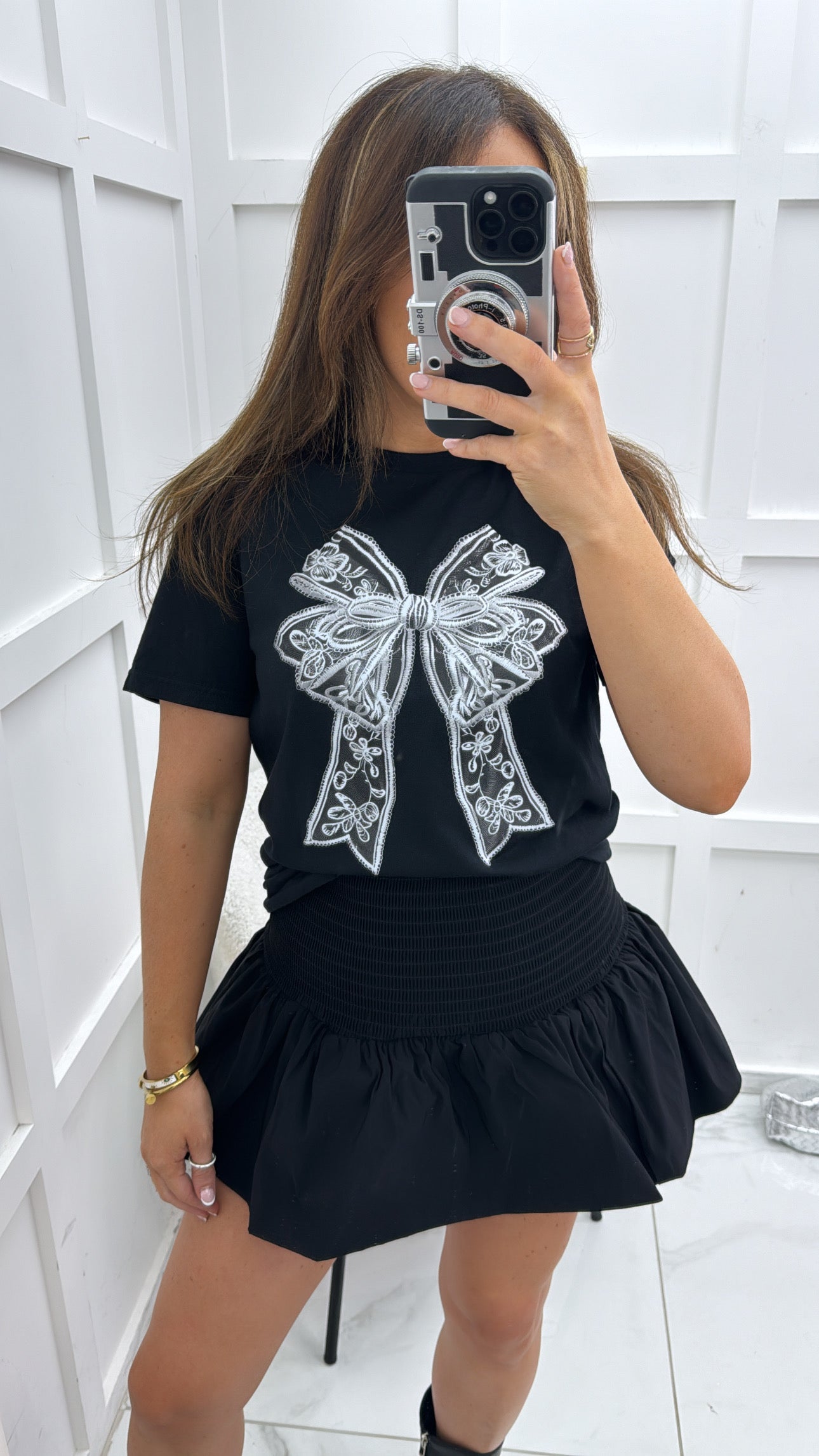 LACEY black t-shirt with white lace bow graphic