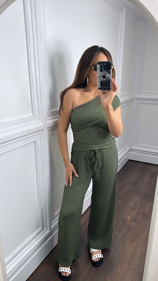 AURORA khaki asymmetric crepe trouser co-ord