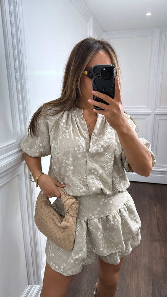 EBONIE beige embroidered detail playsuit